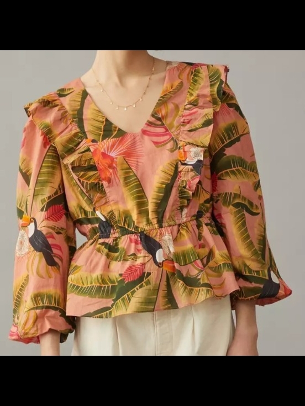 NWOT Farm Rio x Anthropologie Yasmine Ruffled Blouse in Tropical Palm - Large